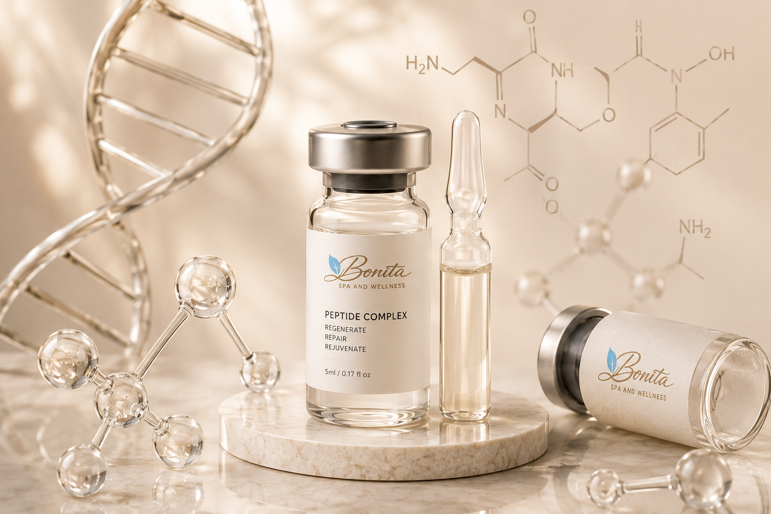Bonita Spa and Wellness peptide wellness bottle in a luxury clinical setting